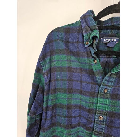 Lands End Mens Sz L Long Sleeve Button Up Flannel Shirt Blue Green Plaid - Picture 2 of 4